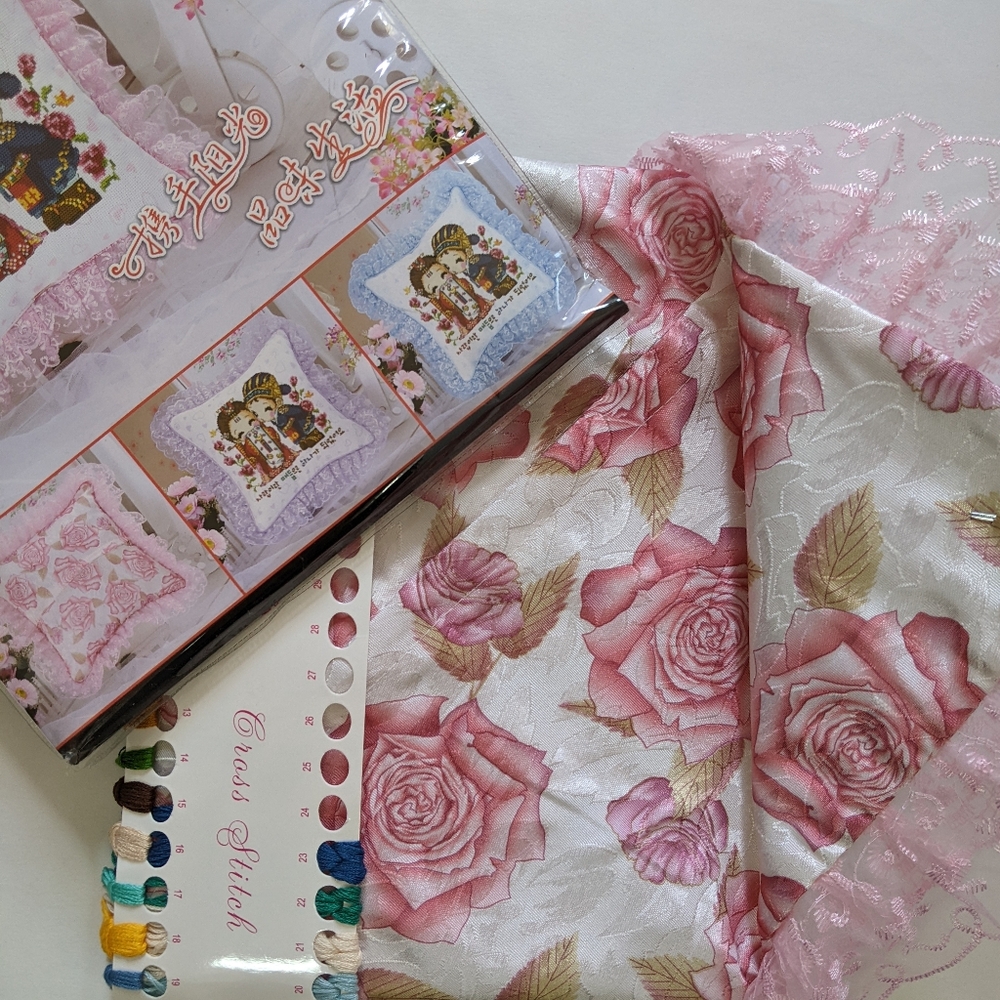 Floral Cross Stitch Pillow Case Kit - Design Korean Traditional Wedding - Picture 3 of 3